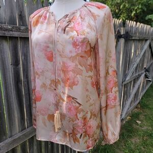 Elie Tahari Pink and Brown Floral Blouse Tassels With Bird Print XSP